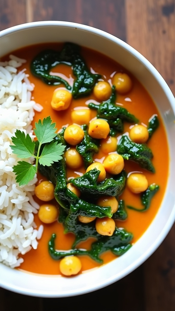 Chickpea and spinach coconut curry in a bowl with rice, garnished with cilantro.